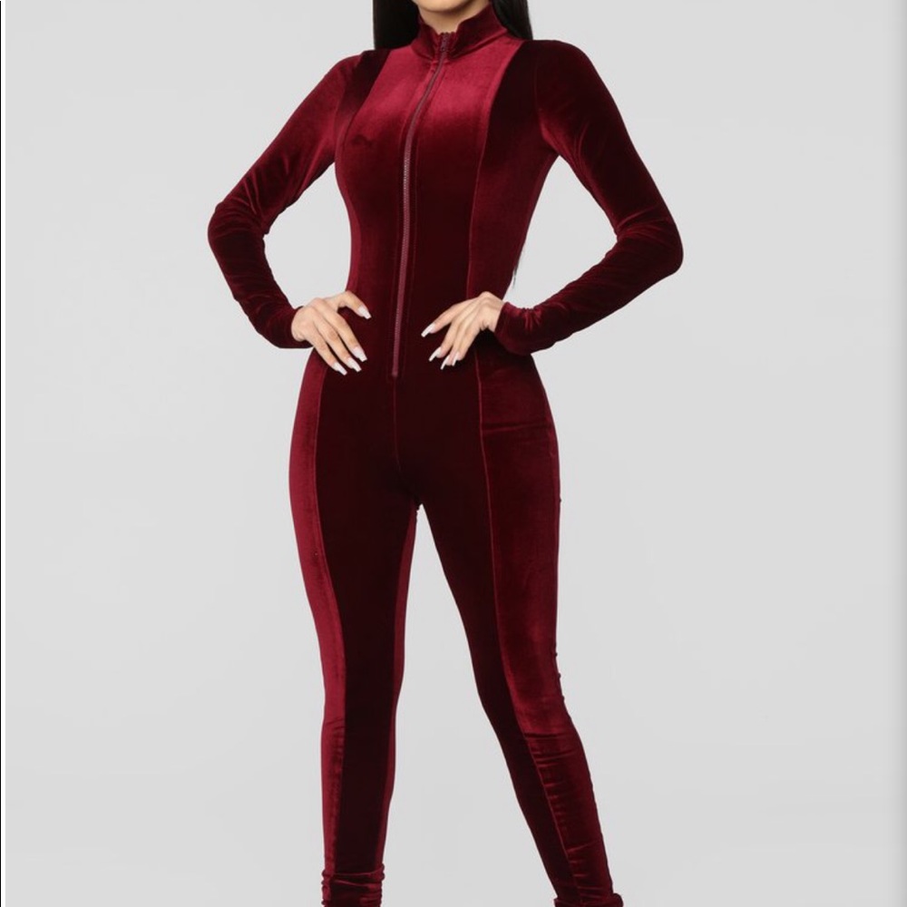 Burgundy velvet jumpsuit